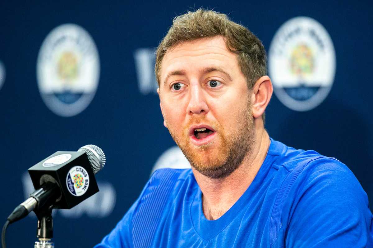 Kentucky offensive coordinator Liam Coen speaks during a news conference for the Vrbo Citrus Bowl, Wednesday, Dec. 29, 2021, at the Rosen Plaza Hotel in Orlando, Fla.